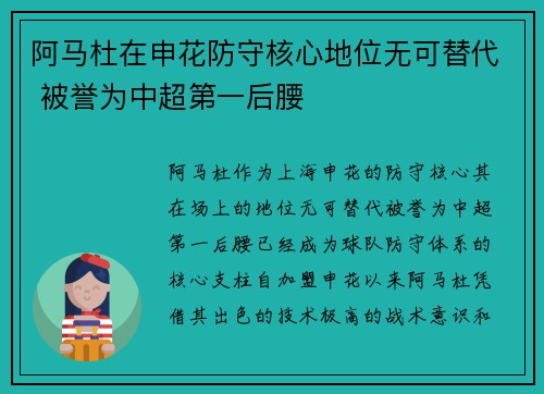 阿马杜在申花防守核心地位无可替代 被誉为中超第一后腰 阿马杜在申花防守核心地位无可替代 被誉为中超第一后腰