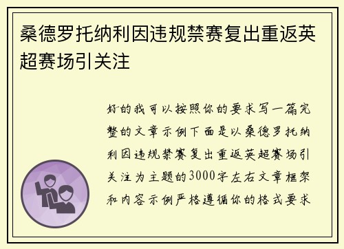 桑德罗托纳利因违规禁赛复出重返英超赛场引关注